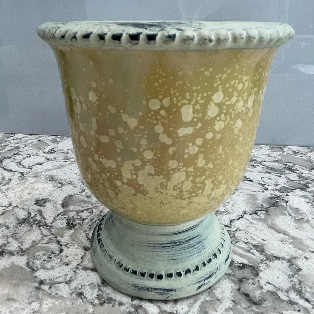 Urn shaped planter cream green speckled Greek decor home
